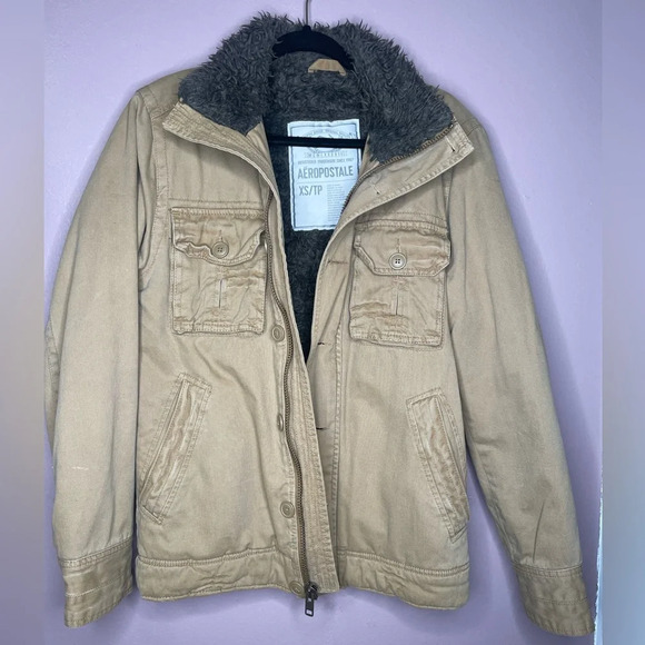 Vintage Aeropostale Utility Sherpa Lined Trucker Jacket Coat Tan - Picture 2 of 4